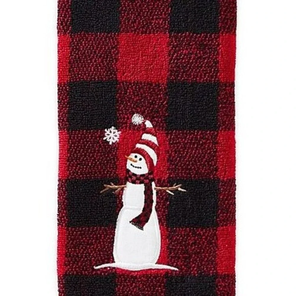 Christmas Winter Snowman Hand Towels Embroidered Buffalo Plaid Set of 2